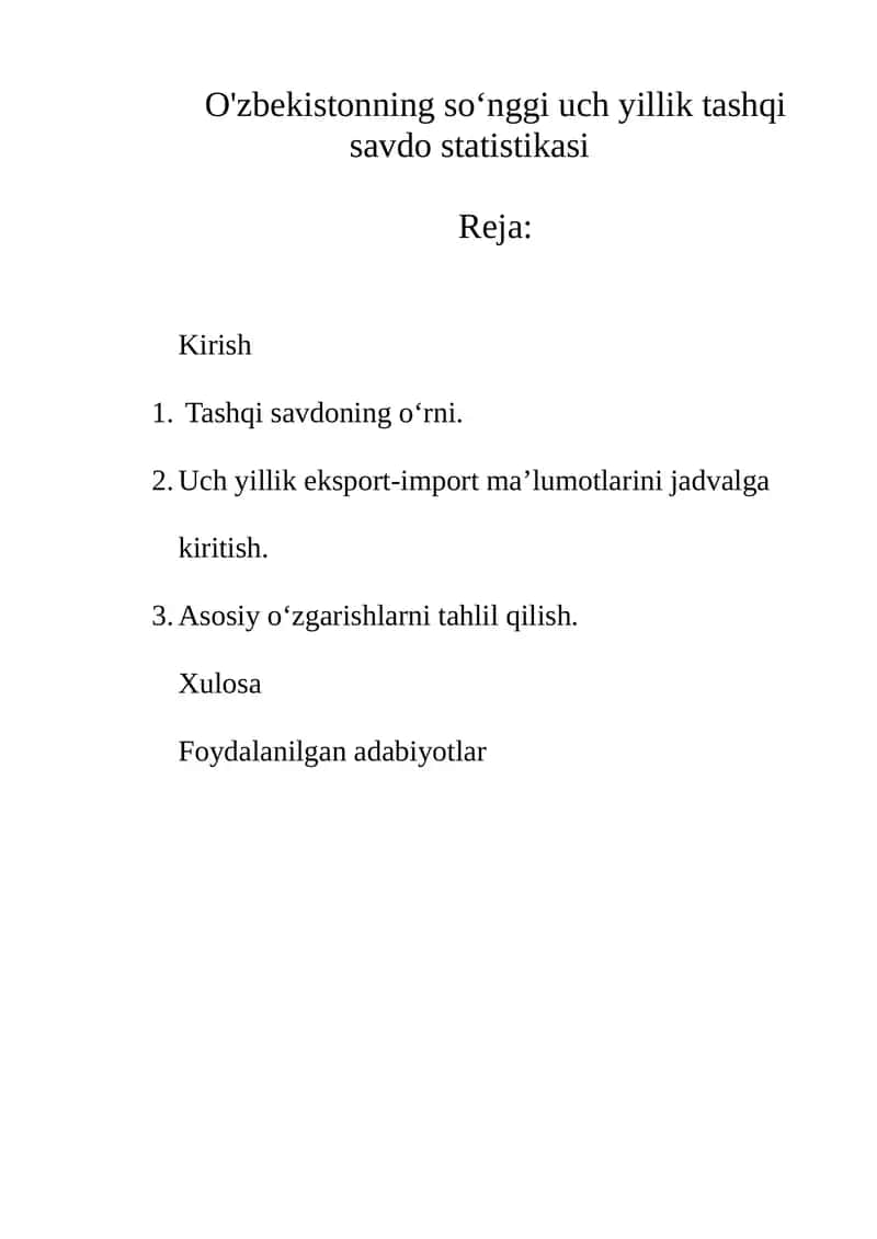 O'zbekistonning soʻnggi uch yillik tashqi savdo statistikasi
