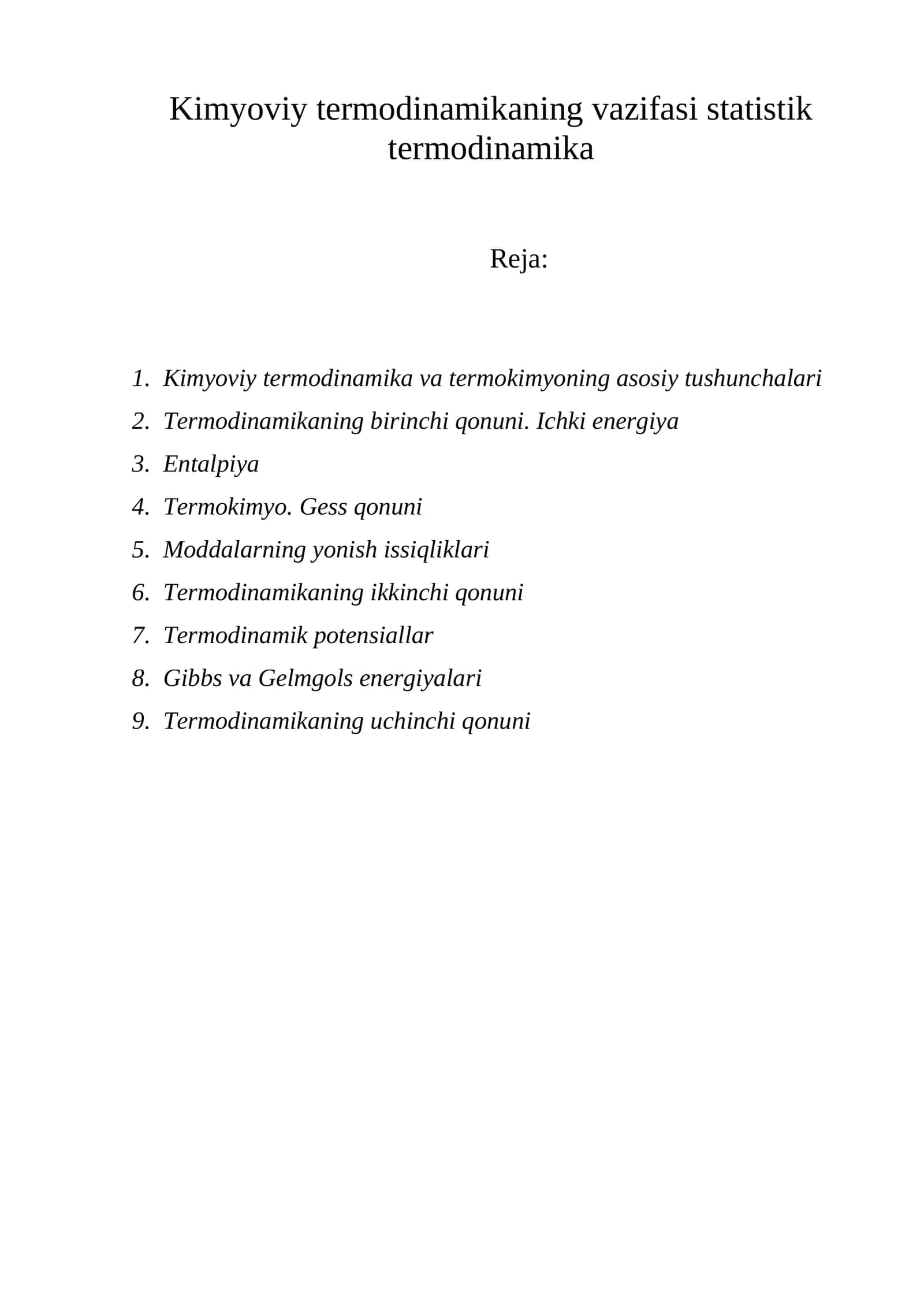 Kimyoviy termodinamika va termokimyoning asosiy tushunchalari