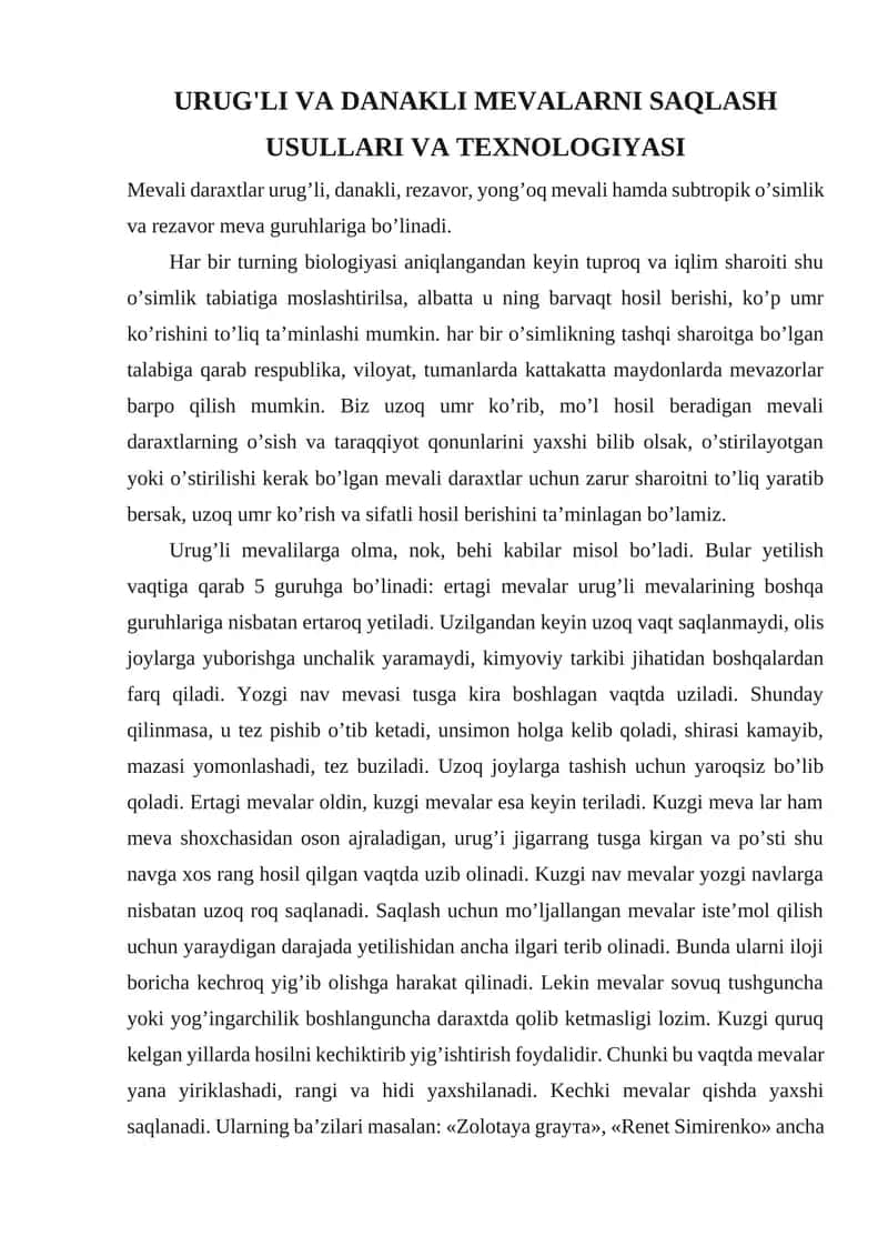 URUG'LI VA DANAKLI MEVALARNI SAQLASH USULLARI VA TEXNOLOGIYASI