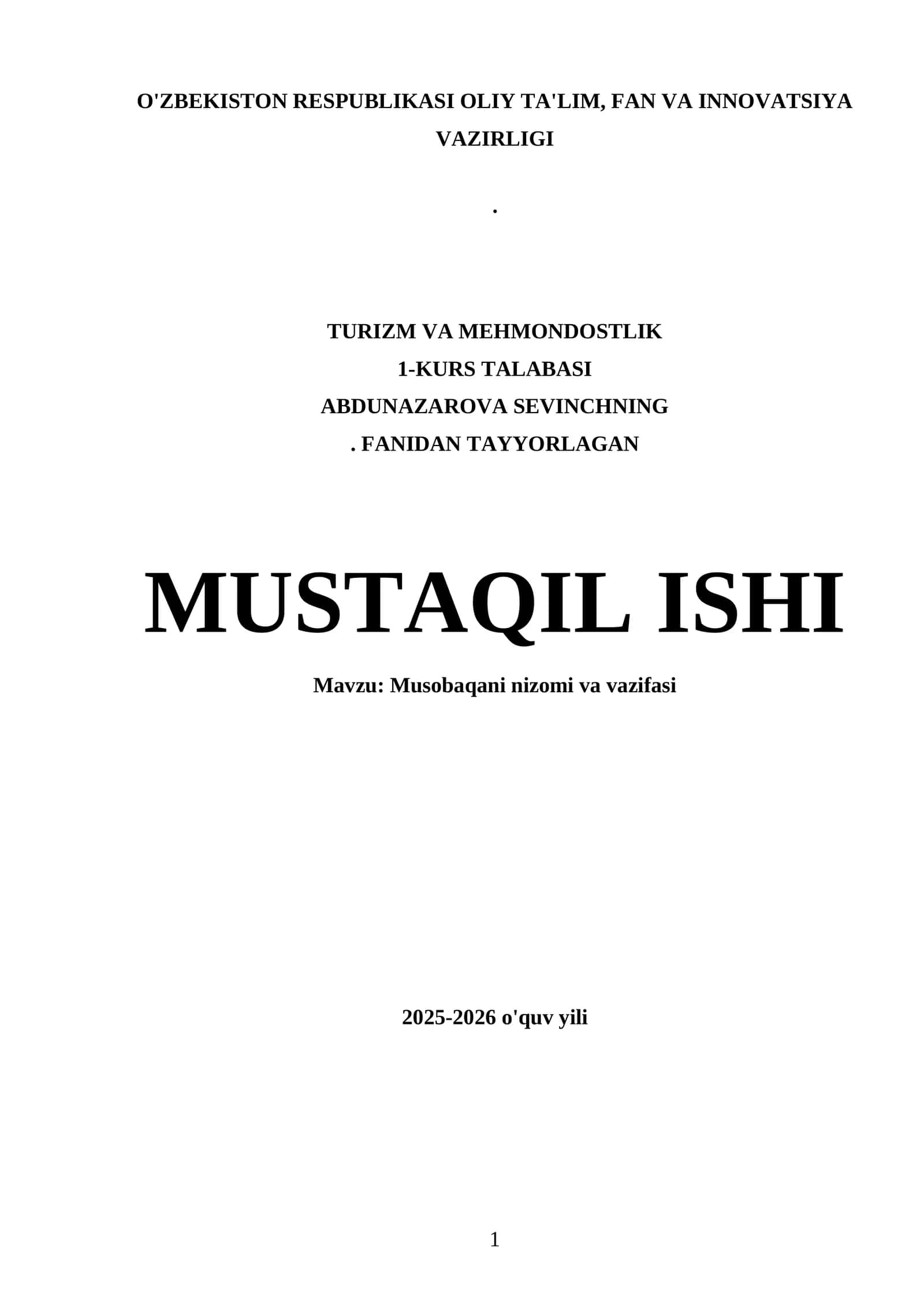 Musobaqani nizomi va vazifasi