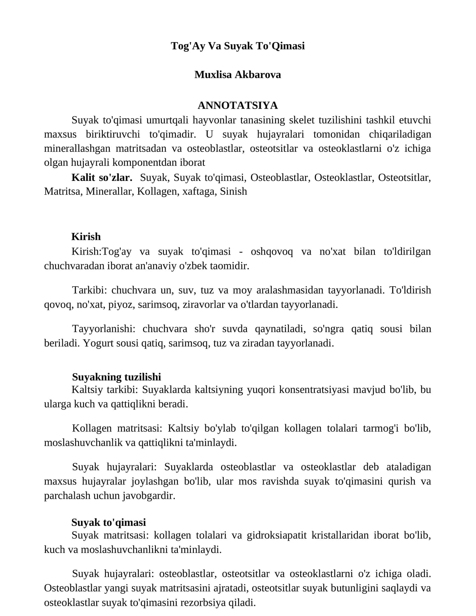 Tog'Ay Va Suyak To'Qimasi