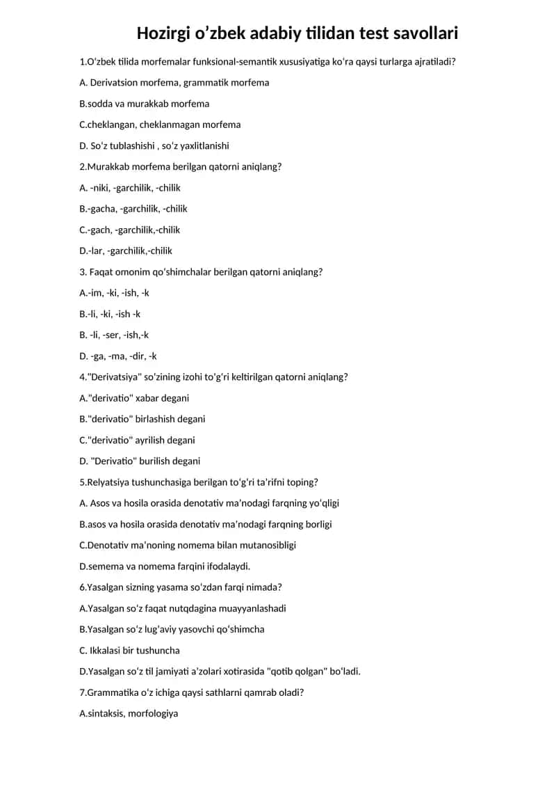 hozirgi o'zbek adabiy tili fanidan test