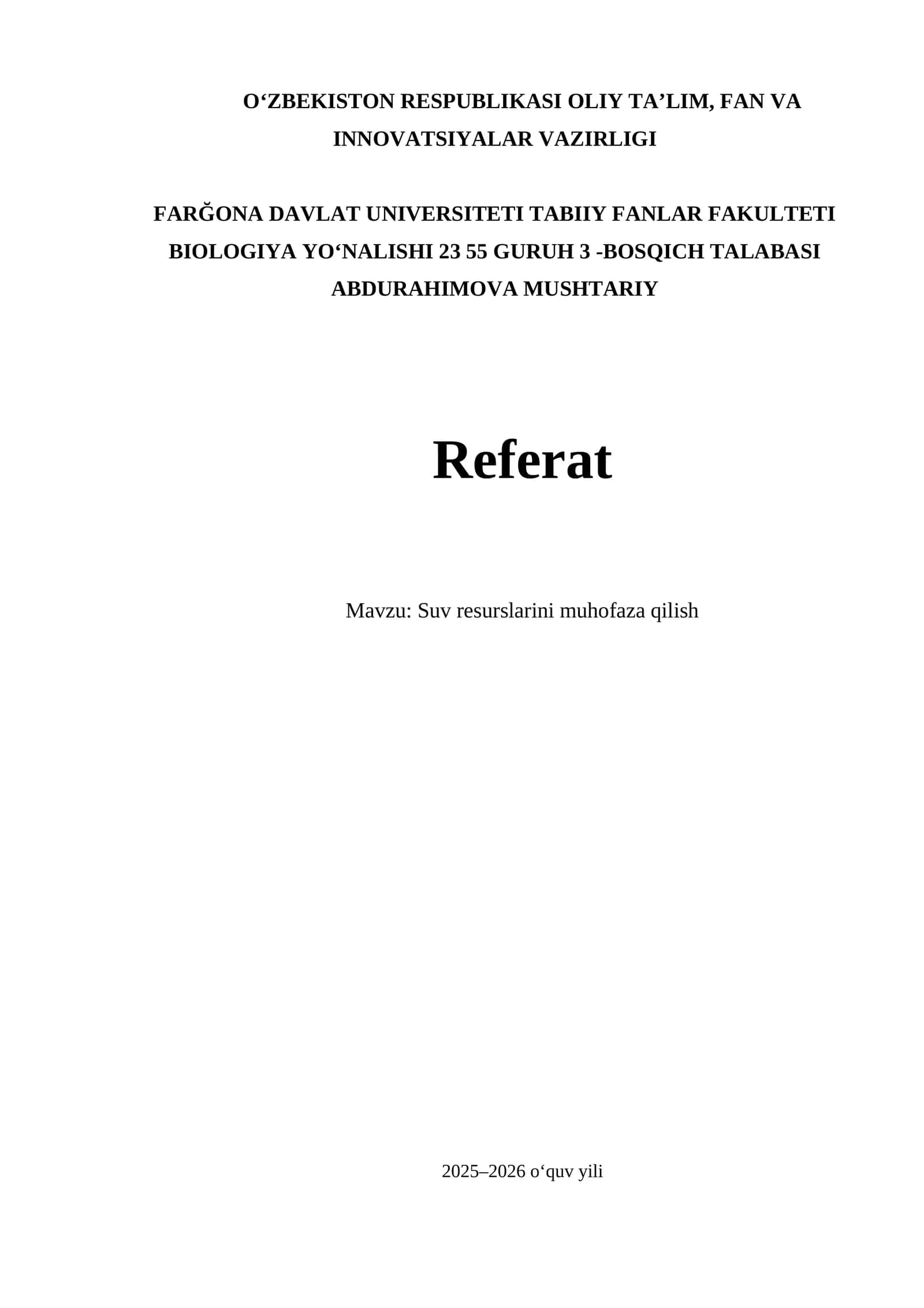 Suv resurslarini muhofaza qilish Referat