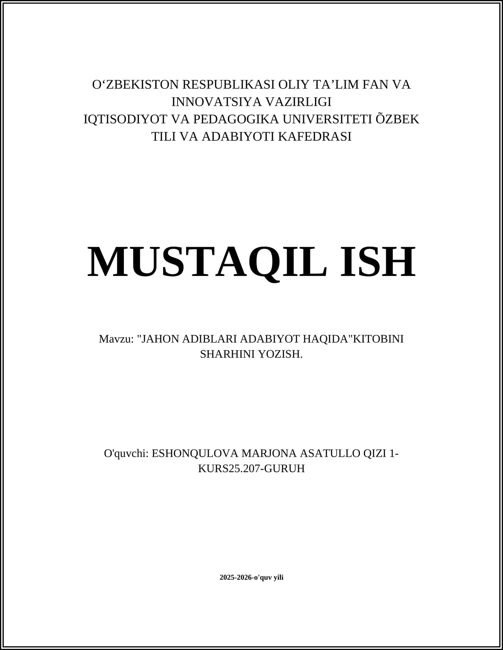JAHON ADIBLARI ADABIYOT HAQIDA"KITOBINI SHARHINI YOZISH