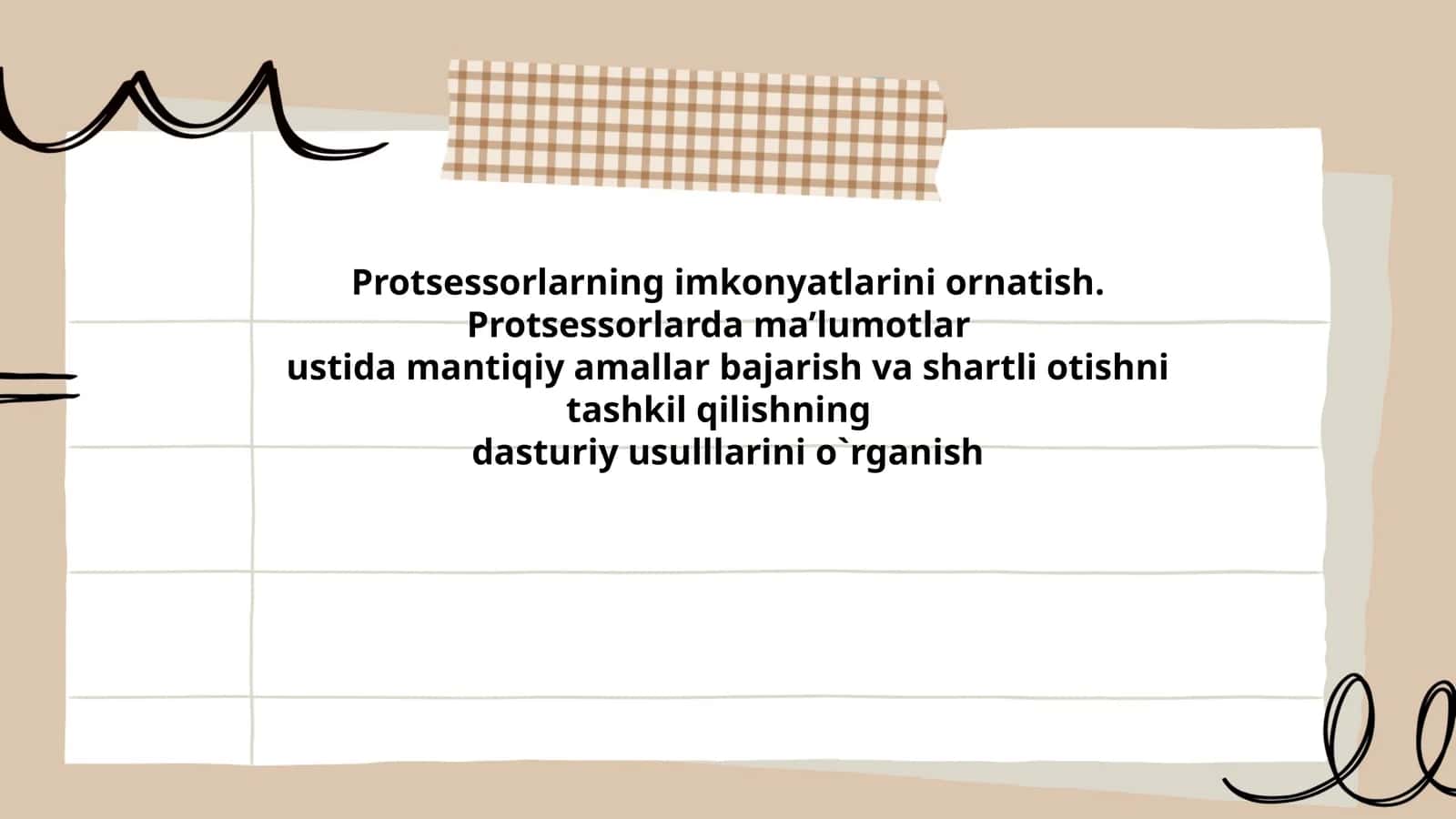 Protsessorlarning imkonyatlarini ornatish. Protsessorlarda ma’lumotlar ustida mantiqiy amallar bajarish va shartli otishni tashkil qilishning dasturiy usulllarini o`rganish