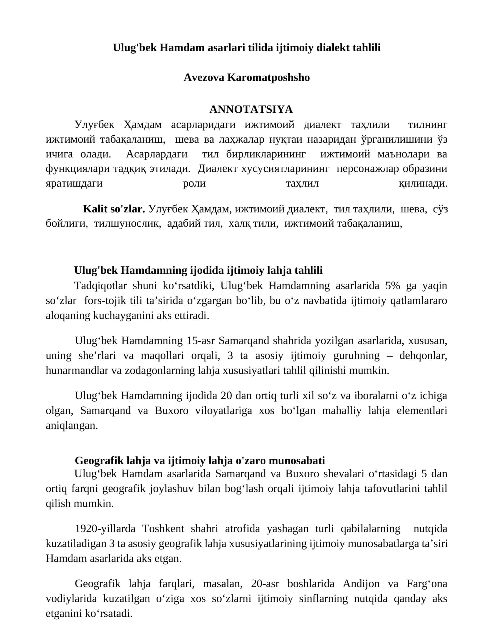 Ulug'bek Hamdam asarlari tilida ijtimoiy dialekt tahlili