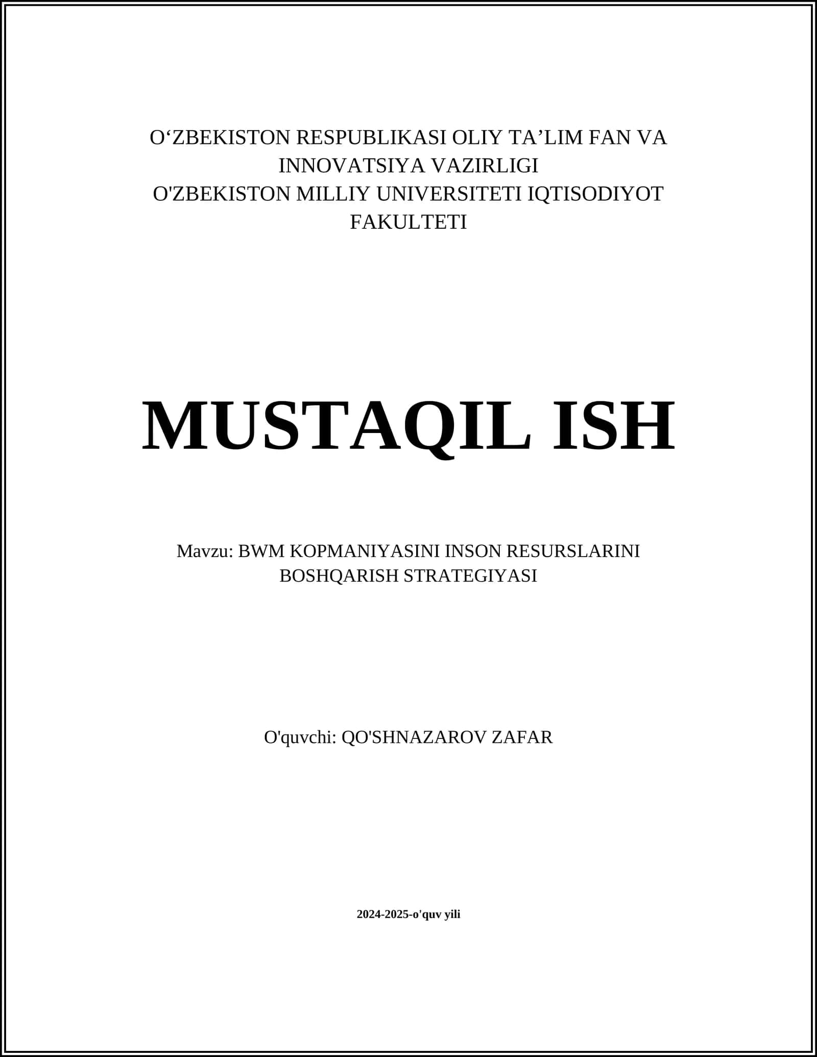 BWM KOPMANIYASINI INSON RESURSLARINI BOSHQARISH STRATEGIYASI