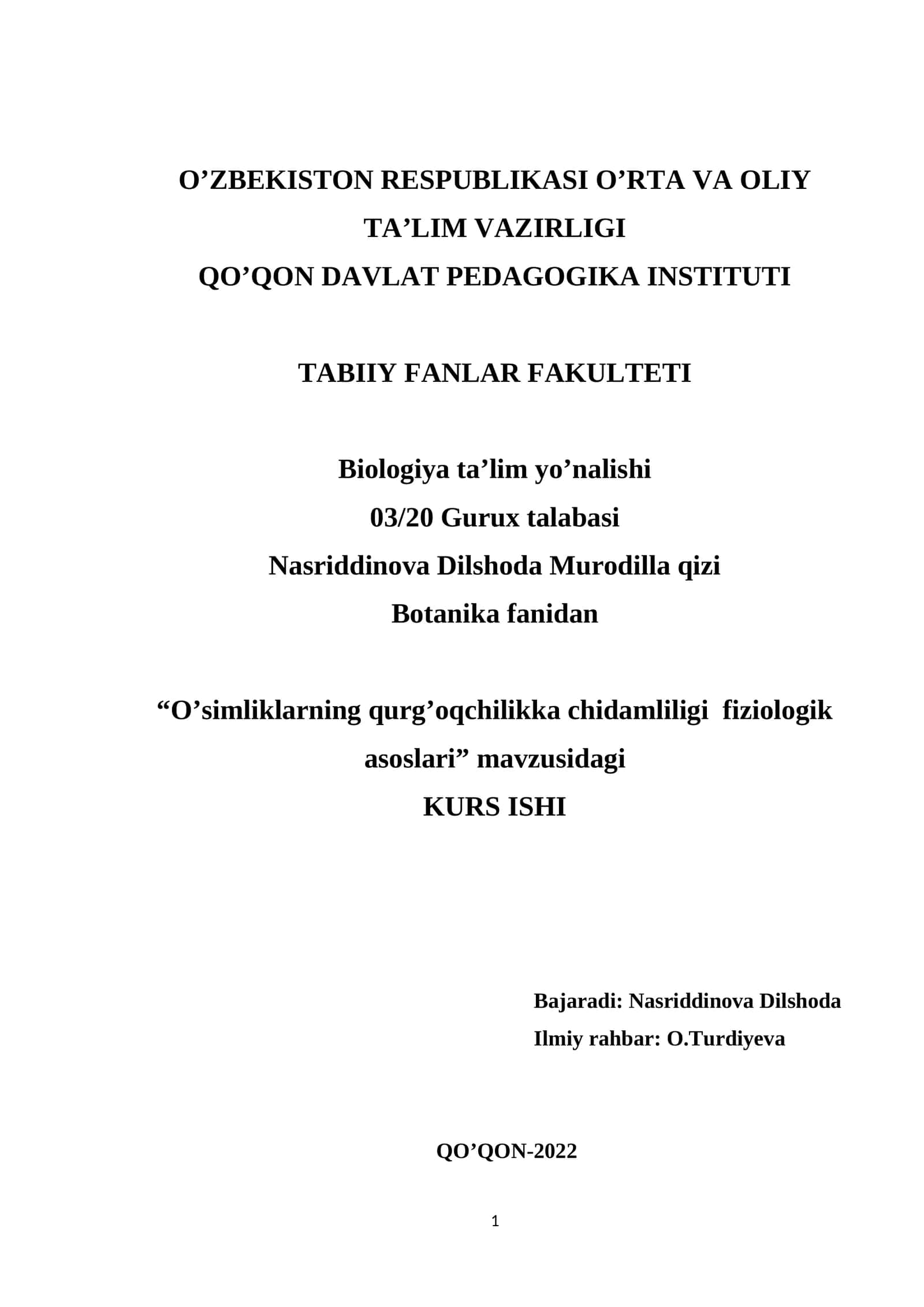 O’simliklarning qurg’oqchilikka chidamliligi fiziologik asoslari