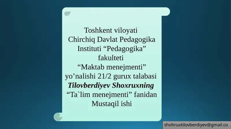 Mustaqil ish "Ta`lim menejmenti" fani bo'yicha reja