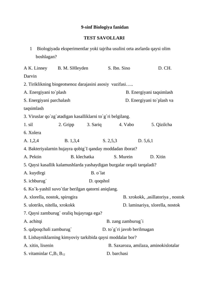 9-sinf Biologiya fanidan TEST SAVOLLARI