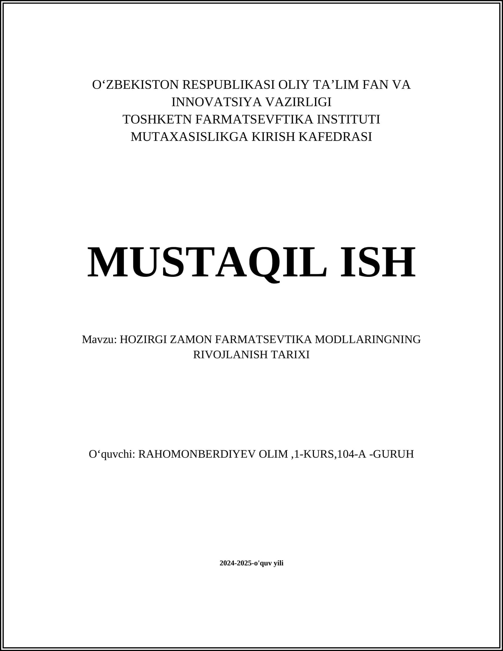 HOZIRGI ZAMON FARMATSEVTIKA MODLLARINGNING RIVOJLANISH TARIXI