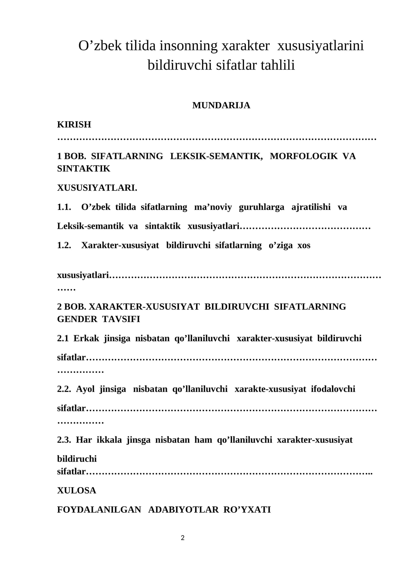 O’zbek tilida insonning xarakter xususiyatlarini bildiruvchi sifatlar tahlili