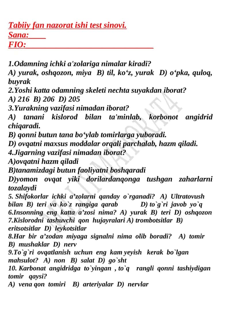 Tabiiy fan nazorat ishi test sinovi