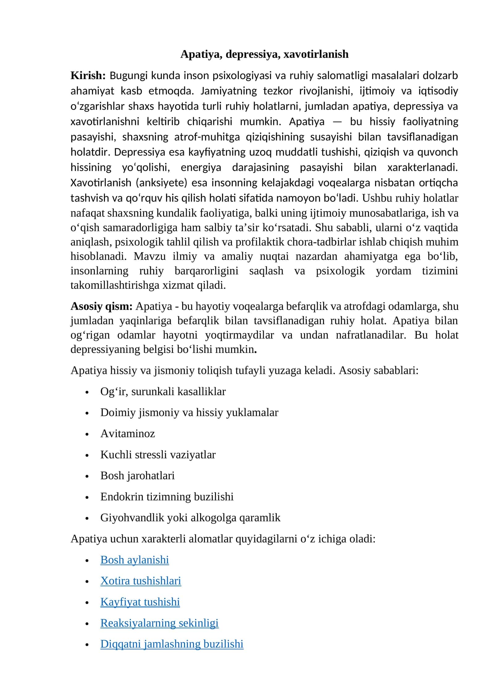 Apatiya, depressiya, xavotirlanish