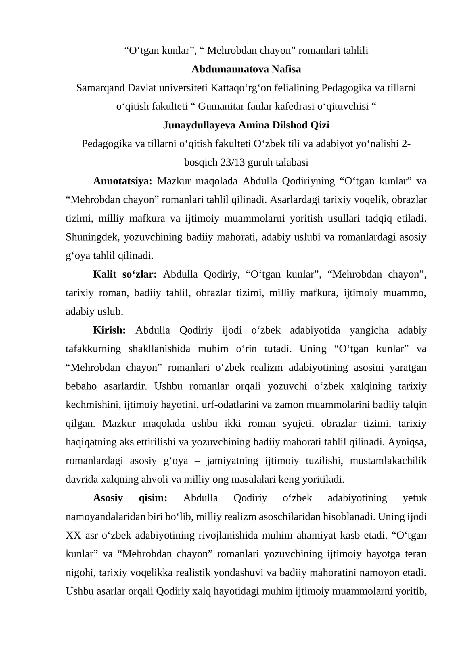 “Oʻtgan kunlar”, “ Mehrobdan chayon” romanlari tahlili