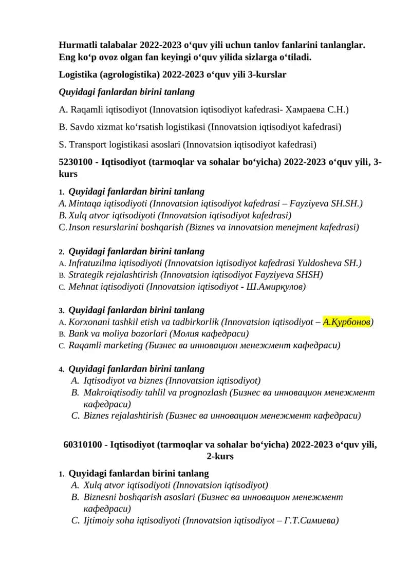 Logistika (agrologistika) 2022-2023 o‘quv yili 3-kurslar