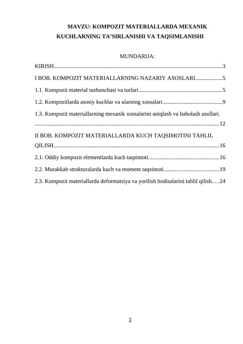 KOMPOZIT MATERIALLARDA MEXANIK KUCHLARNING TA’SIRLANISHI VA TAQSIMLANISHI