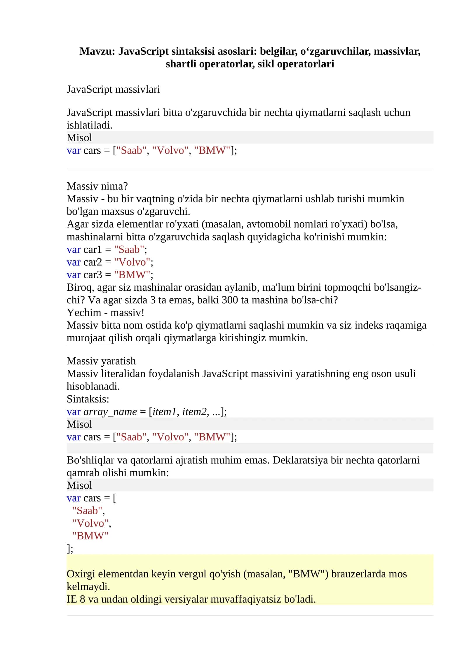 JavaScript massivlari