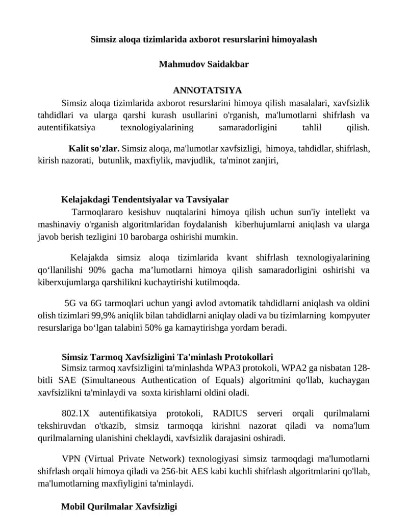 Simsiz aloqa tizimlarida axborot resurslarini himoyalash