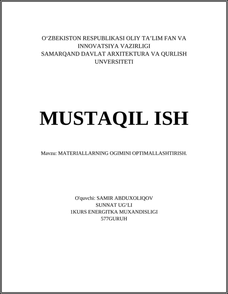 MATERIALLARNING OGIMINI OPTIMALLASHTIRISH