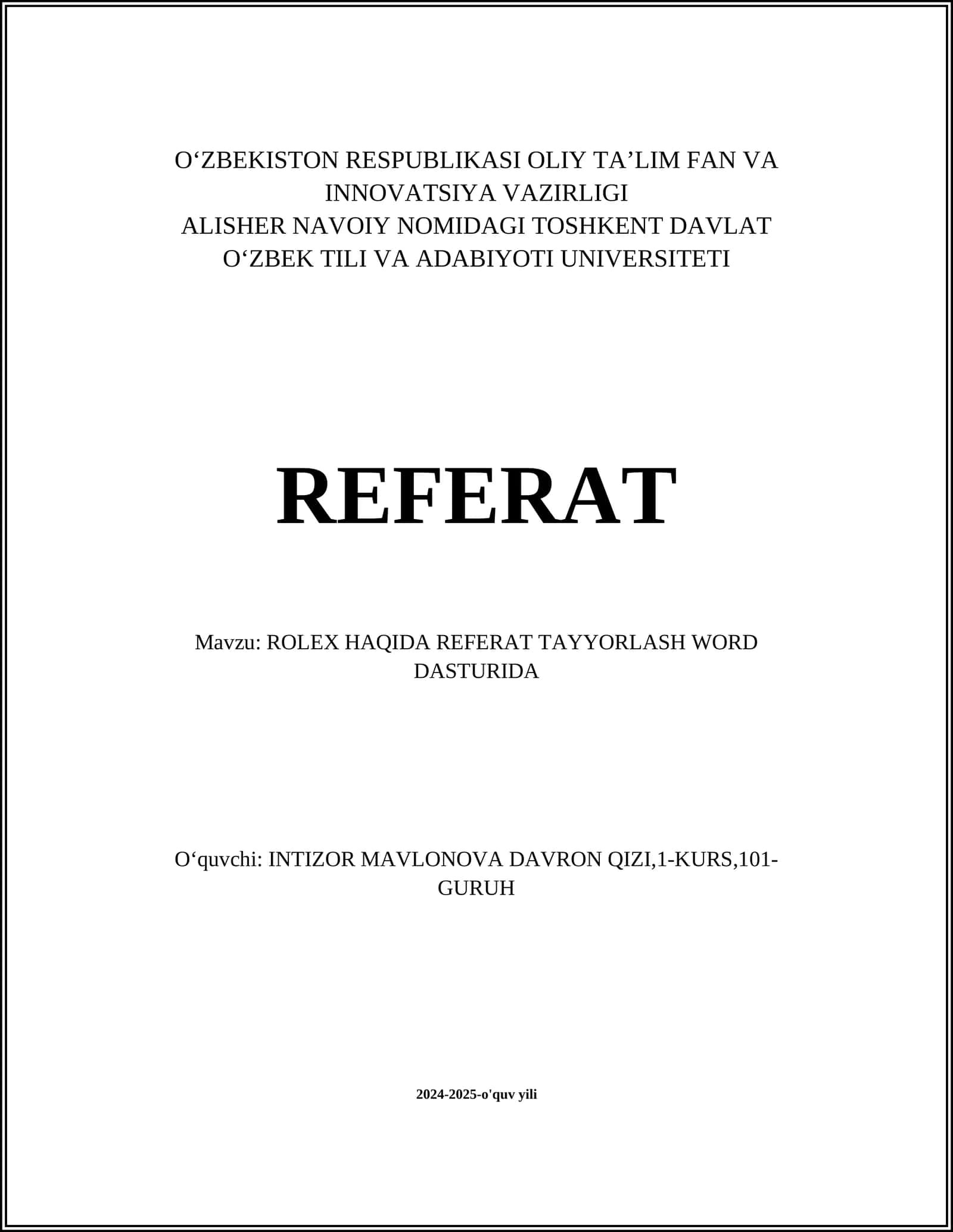 ROLEX HAQIDA REFERAT TAYYORLASH WORD DASTURIDA