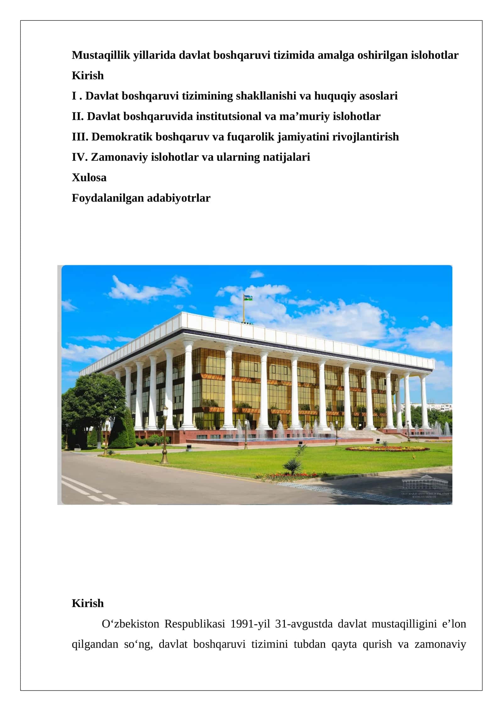 Mustaqillik yillarida davlat boshqaruvi tizimida amalga oshirilgan islohotlar