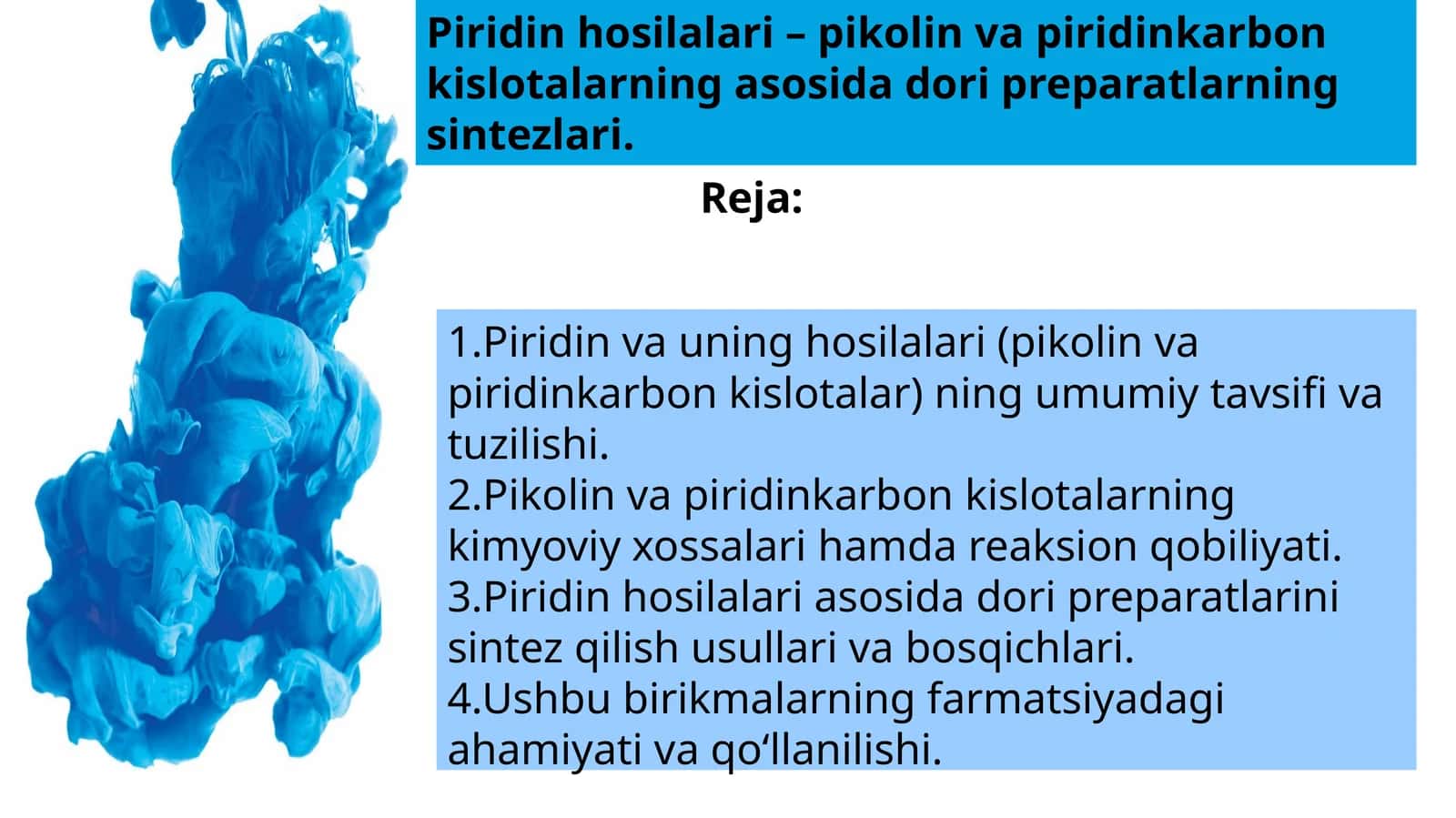 Piridinhosilalari–pikolinvapiridinkarbonkislotalarningasosidadoripreparatlarningsintezlari