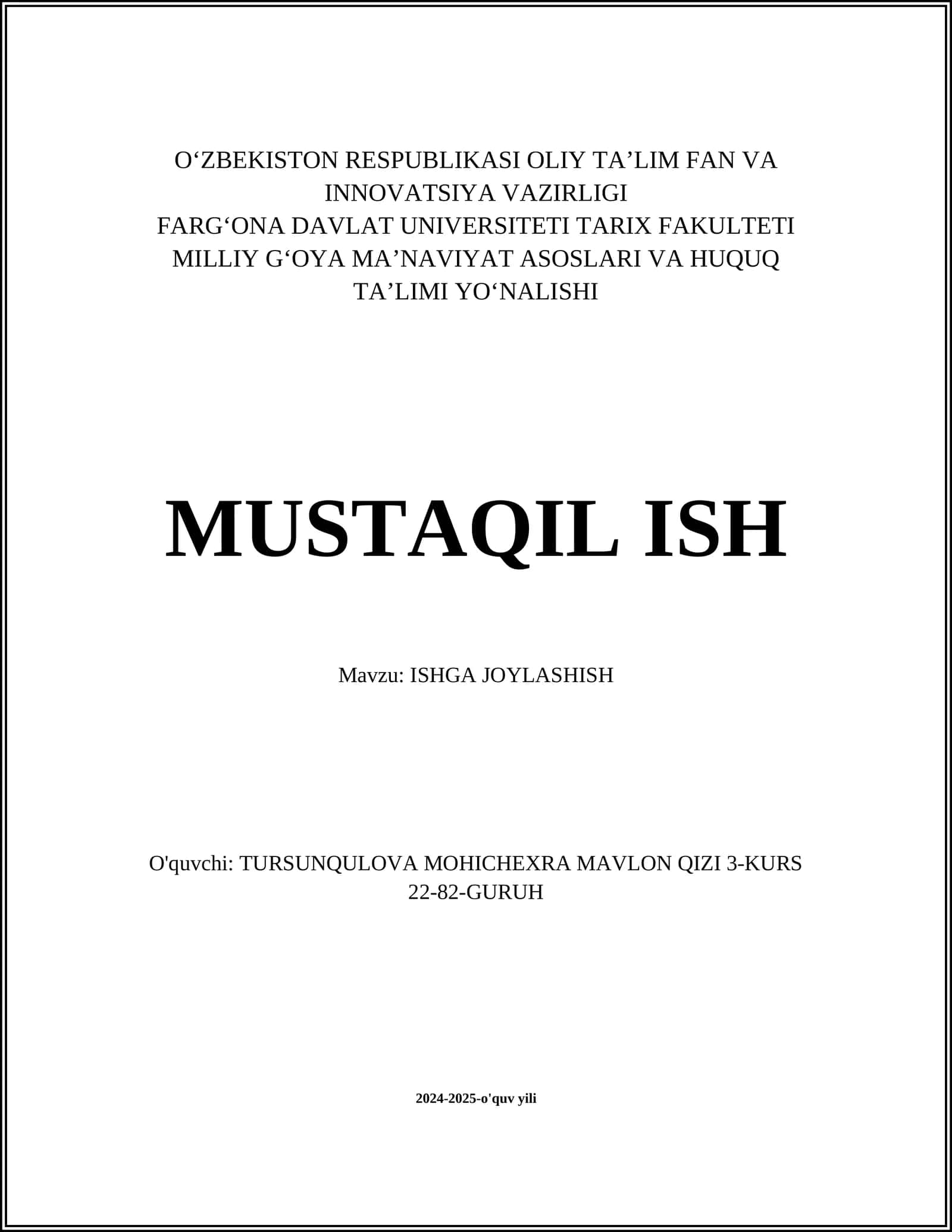 ISHGA JOYLASHISH