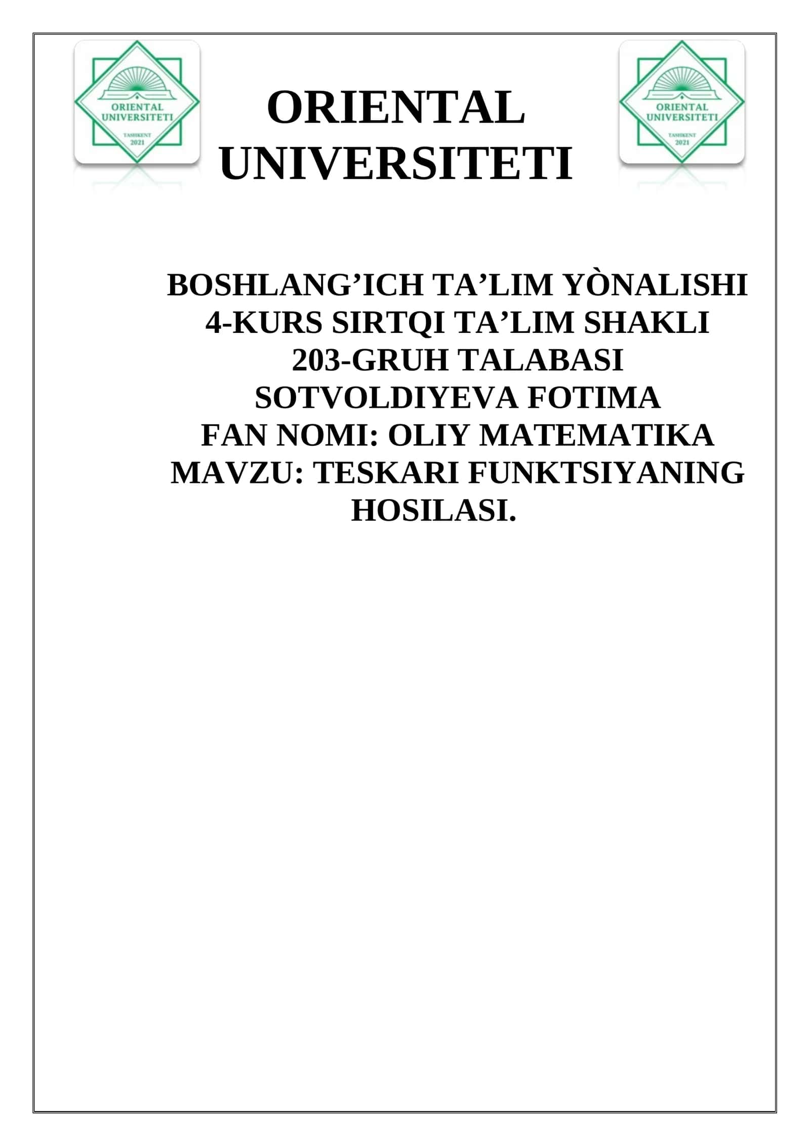 TESKARI FUNKTSIYANING HOSILASI