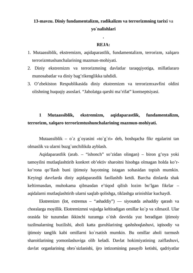 Diniy fundamentalizm, radikalizm va terrorizmning tarixi va yo`nalishlari