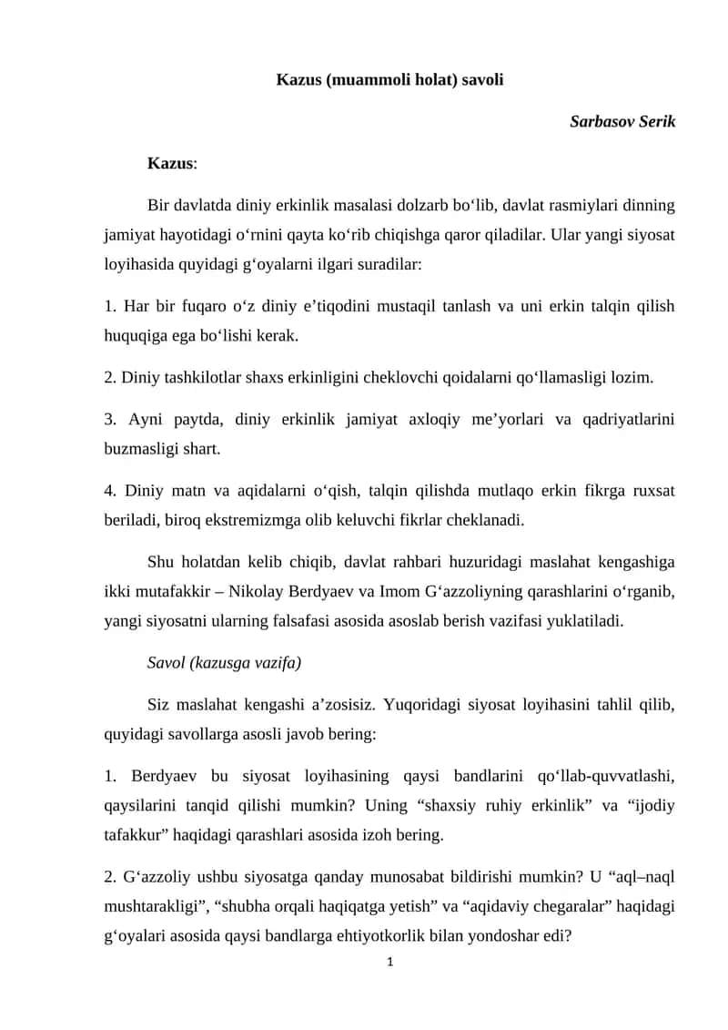 Kazus (muammoli holat) savoli
