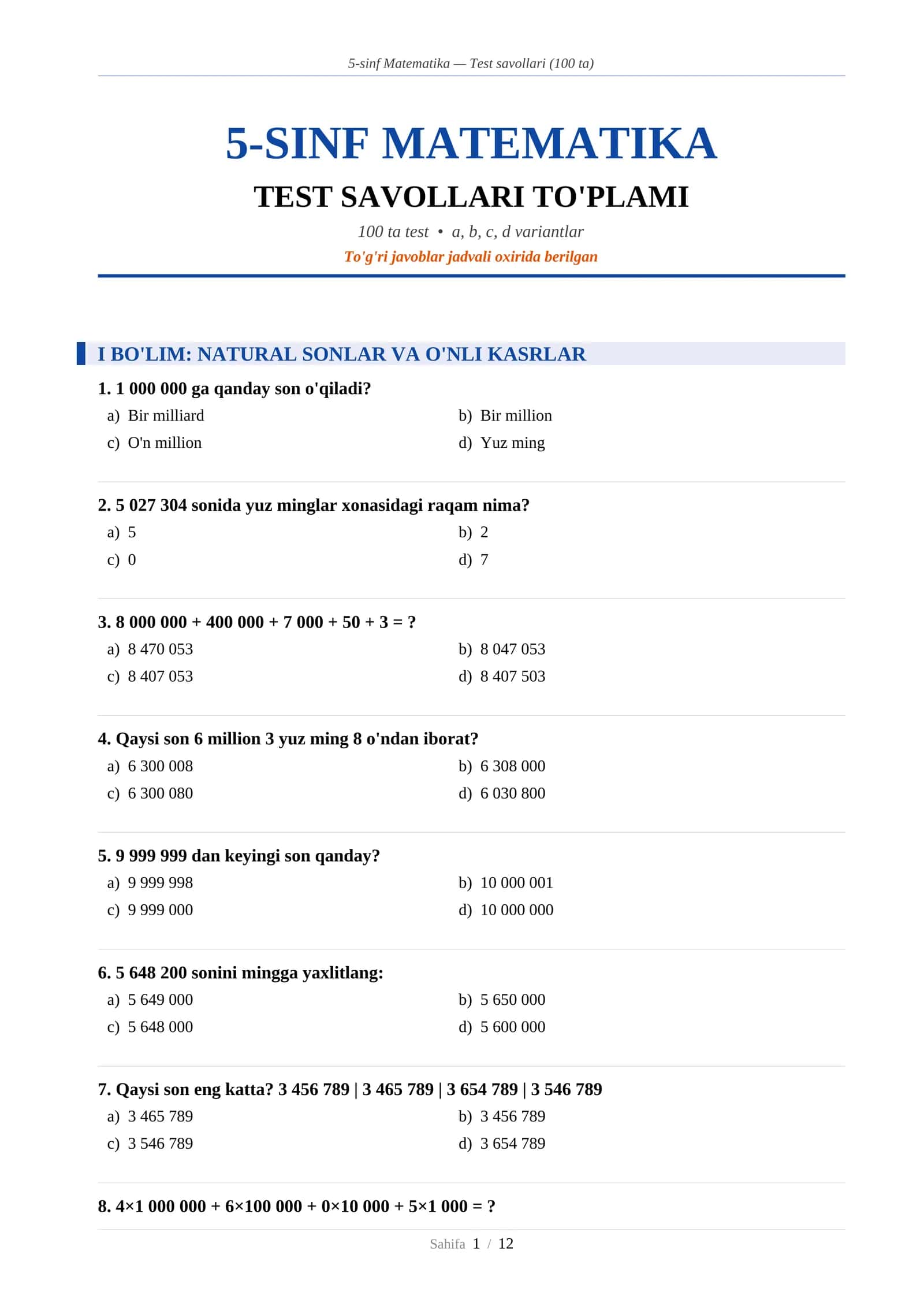 5-sinf Matematika — Test savollari (100 ta)