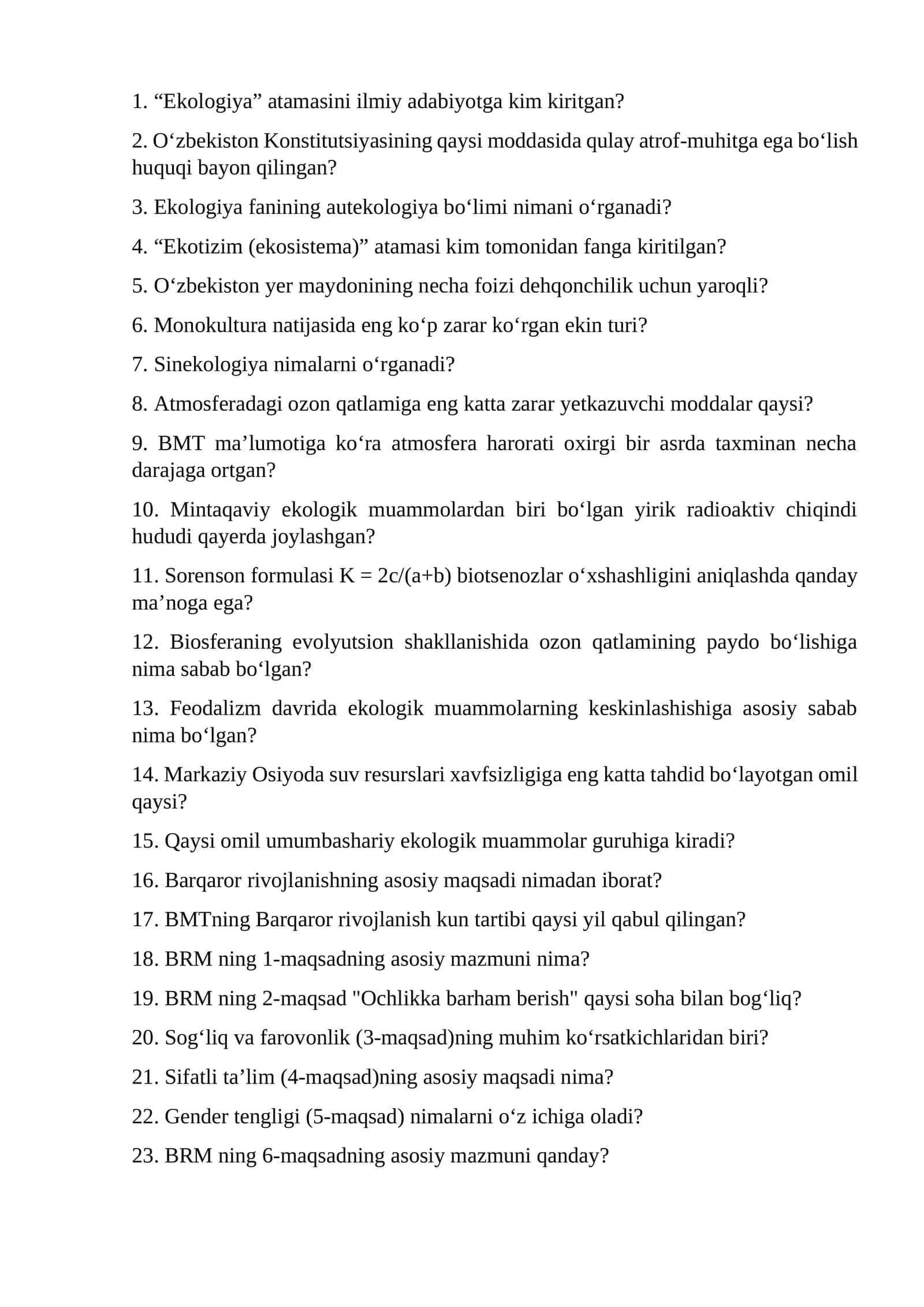 Ekologiya fanining aktualligi va muammolari