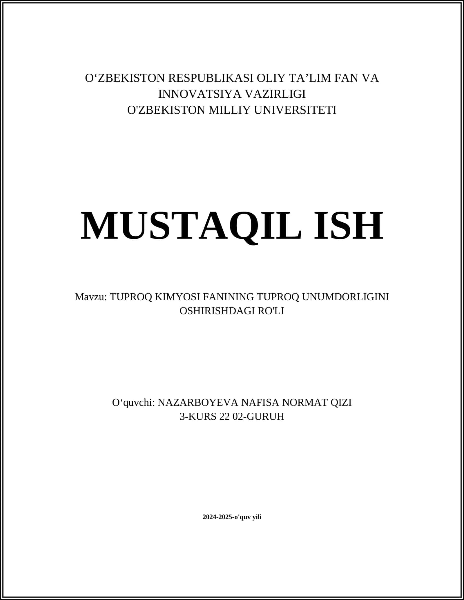 TUPROQ KIMYOSI FANINING TUPROQ UNUMDORLIGINI OSHIRISHDAGI RO'LI