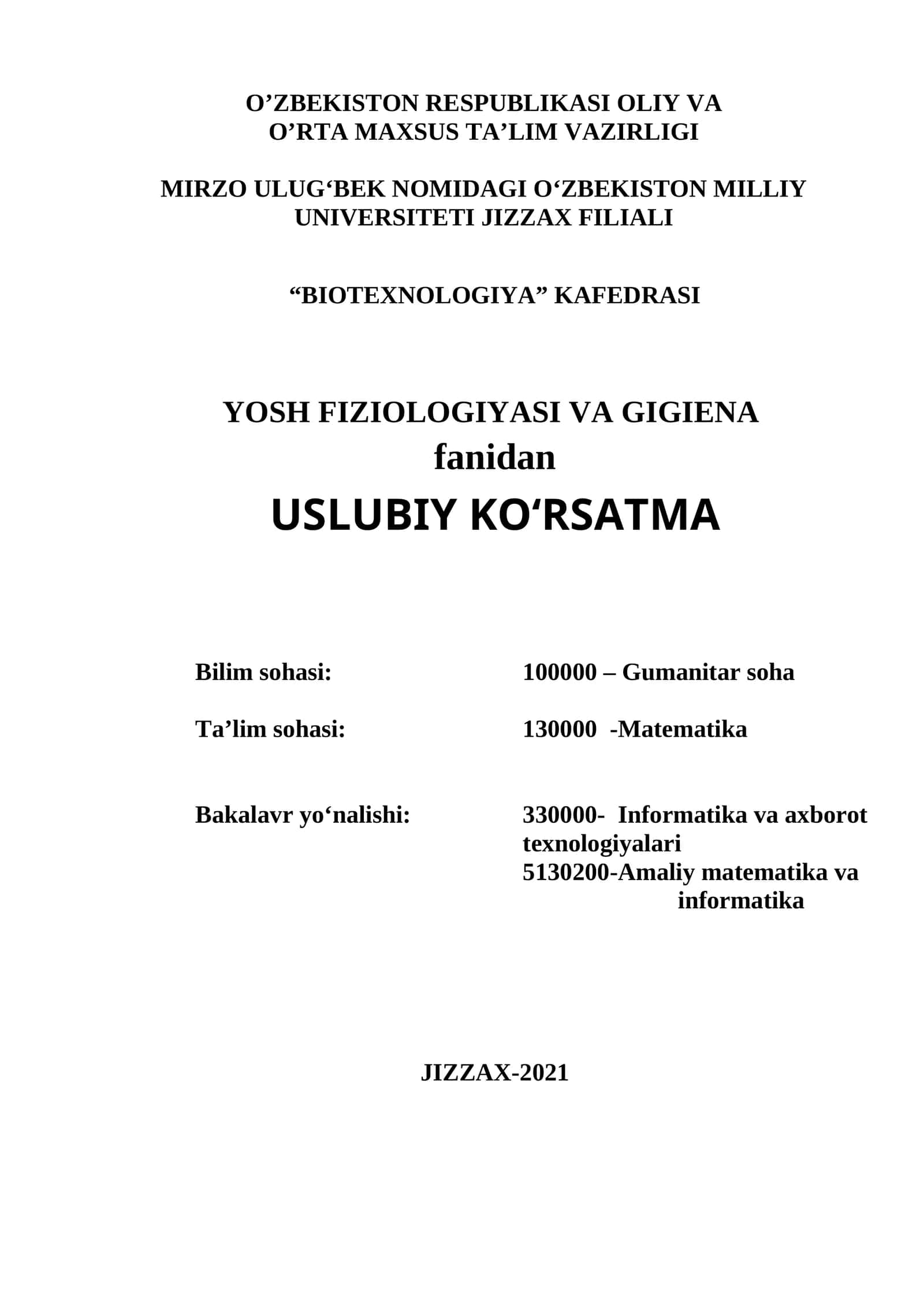 Yoshlar fiziologiyasi va gigiyenasi fanidan uslubiy ko‘rsatma