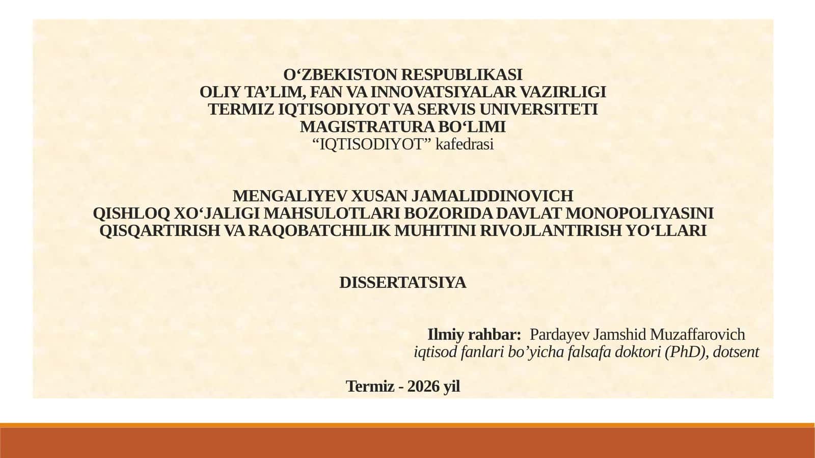 QISHLOQ XO‘JALIGI MAHSULOTLARI BOZORIDA DAVLAT MONOPOLIYASINI QISQARTIRISH VA RAQOBATCHILIK MUHITINI RIVOJLANTIRISH YO‘LLARI
