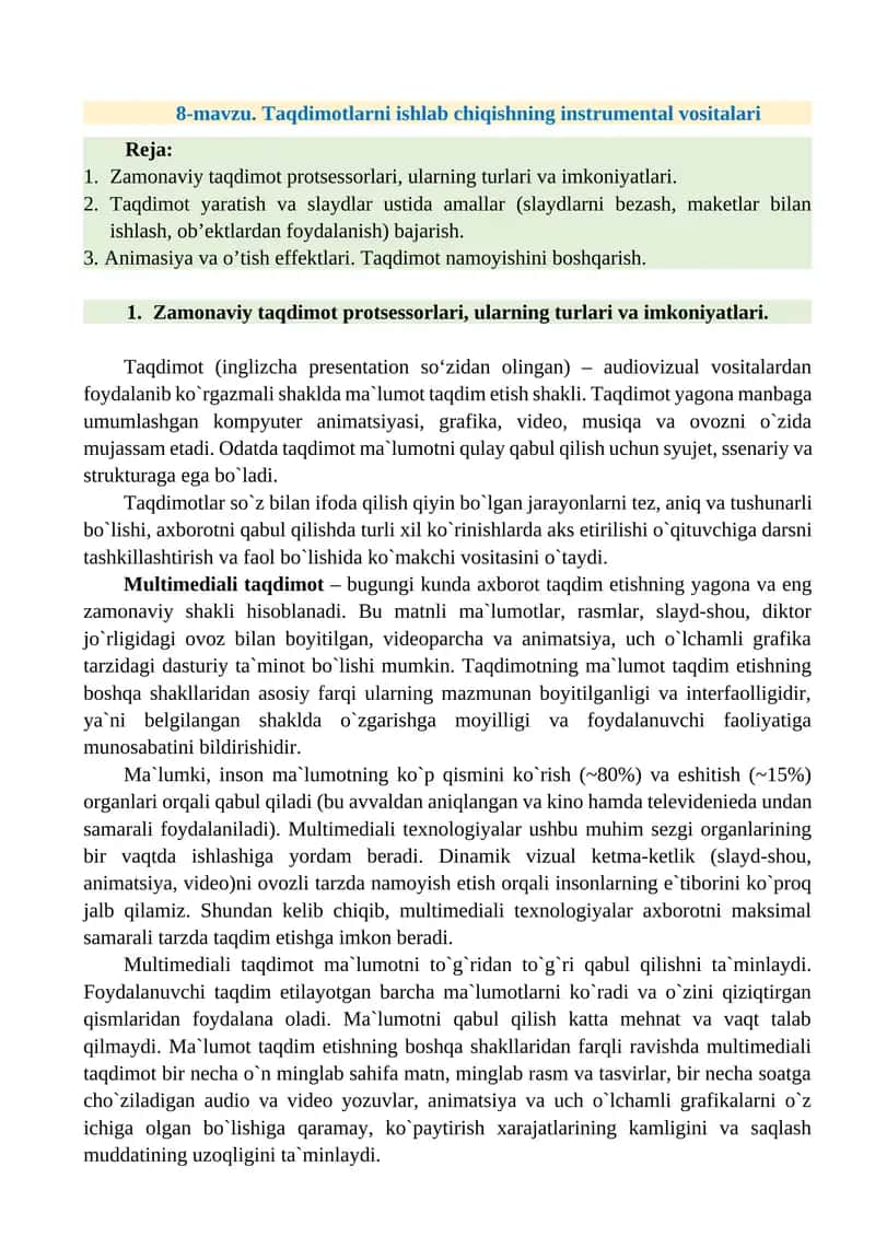 Taqdimotlar va ularning imkoniyatlari
