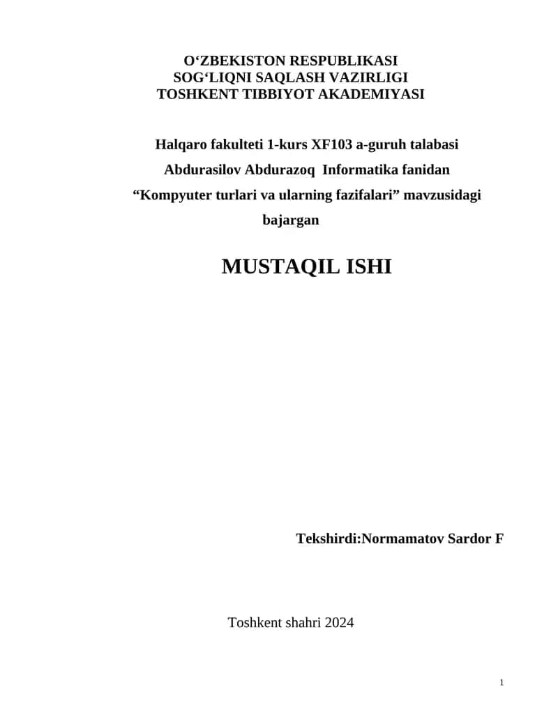 "Kompyuter turlari va ularning fazifalari"