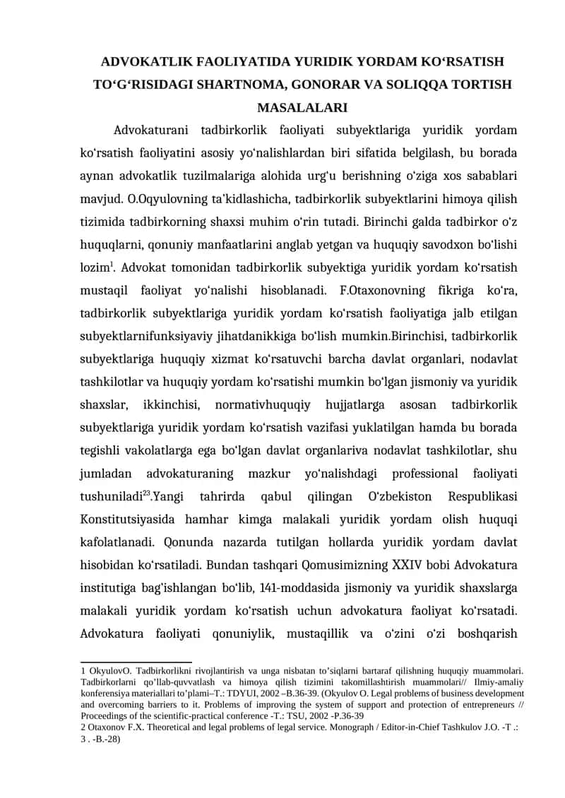 ADVOKATLIK FAOLIYATIDA YURIDIK YORDAM KO‘RSATISH TO‘G‘RISIDAGI SHARTNOMA, GONORAR VA SOLIQQA TORTISH MASALALARI
