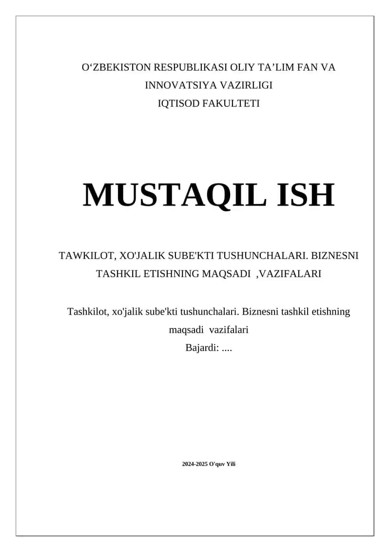 Tawkilot, xo'jalik sube'kti tushunchalari va biznes tashkil etish