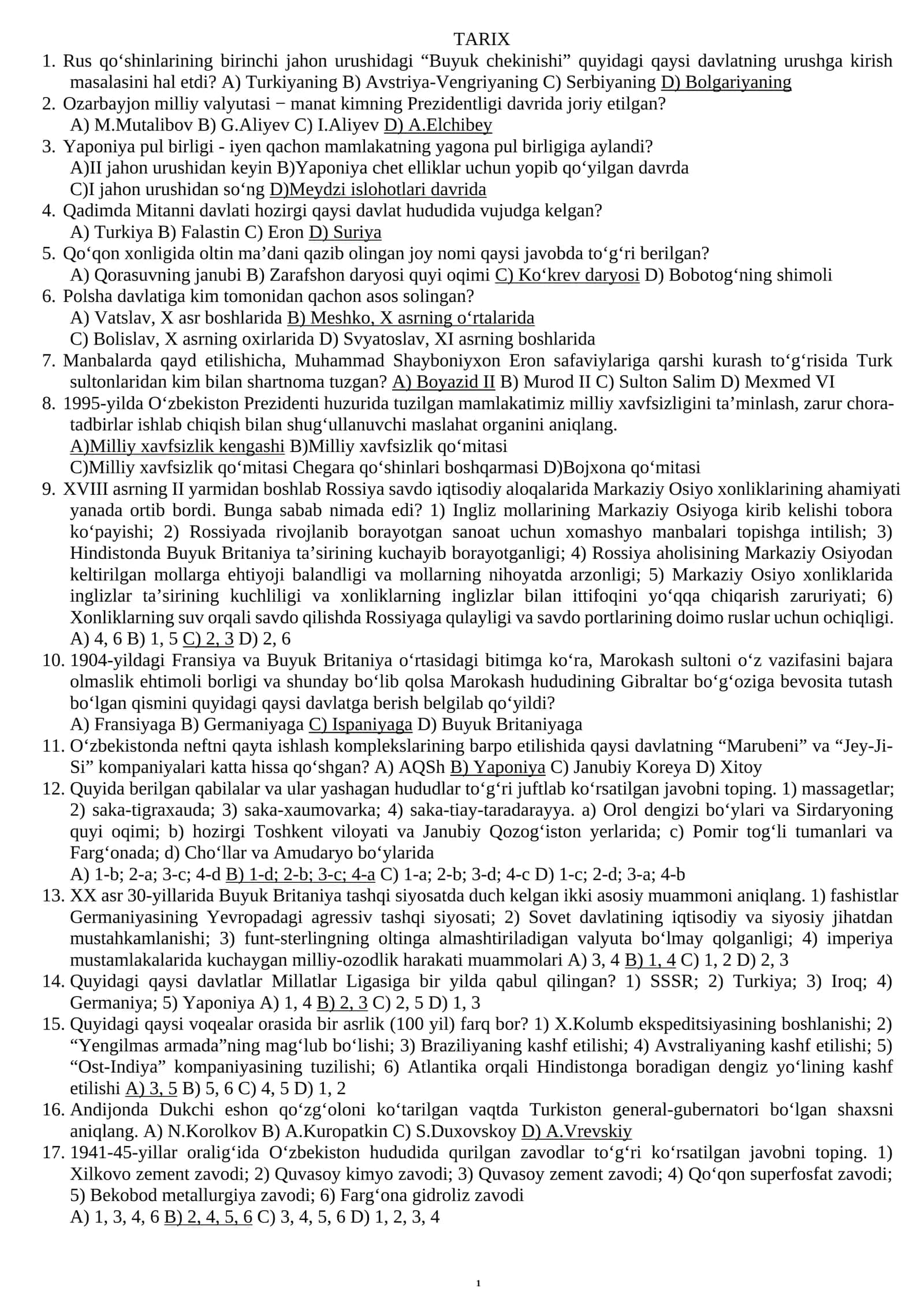 Tarix attestatsiya savollari va javoblari ehtimoliy savollar va tushgan savollar javobi bilan