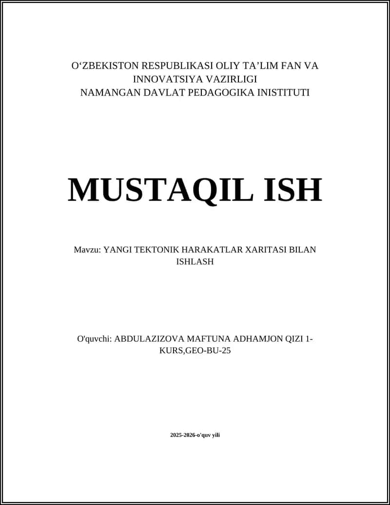 YANGI TEKTONIK HARAKATLAR XARITASI BILAN ISHLASH