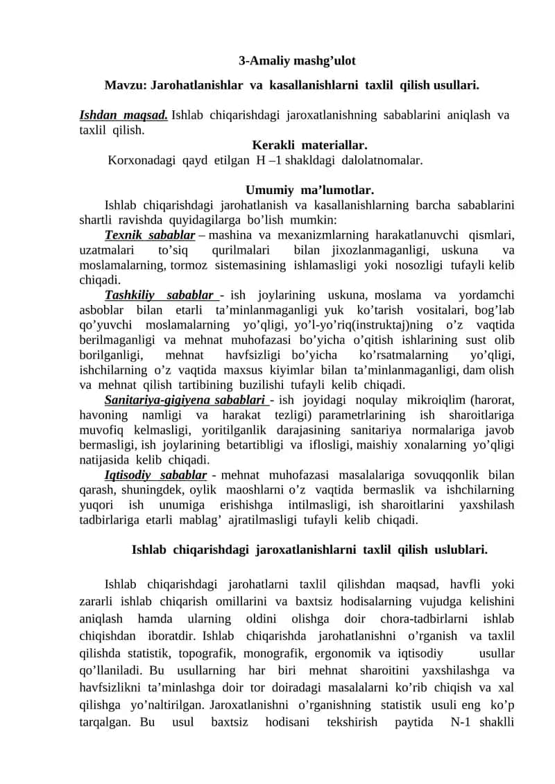 Jarohatlanishlar va kasallanishlarni taxlil qilish usullari