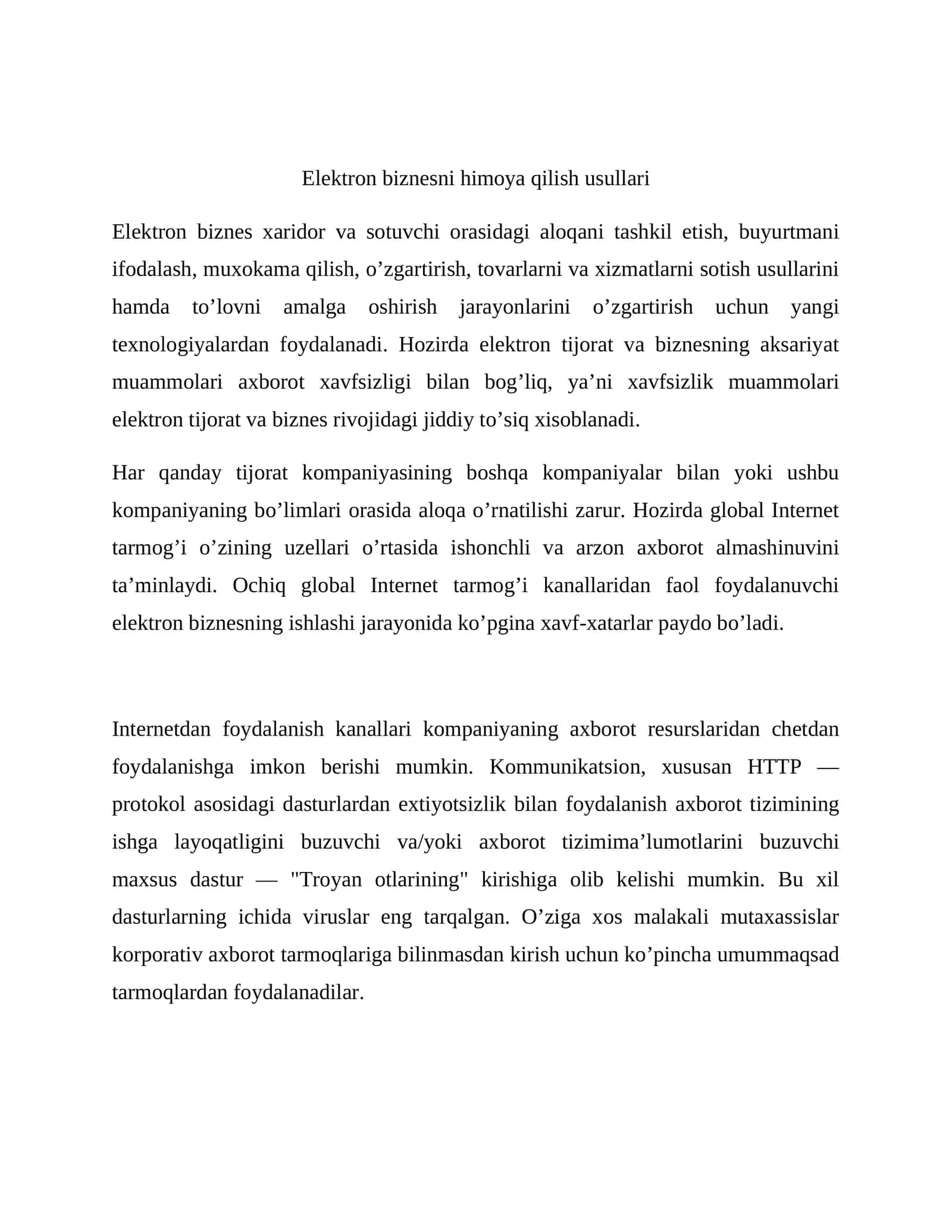 Elektron biznesni himoya qilish usullari