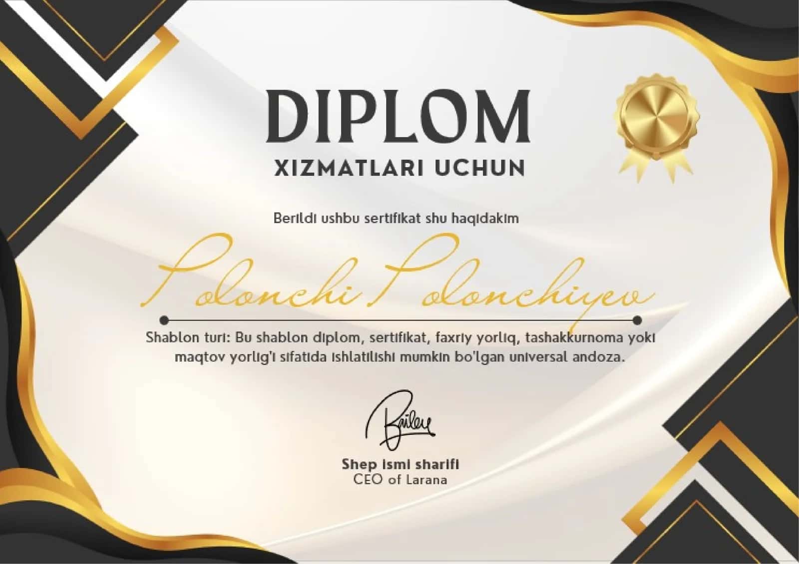 Shablon diplom, sertifikat, faxriy yorliq, tashakkurnoma yoki maqtov yorlig'i