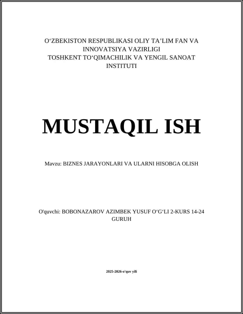 BIZNES JARAYONLARI VA ULARNI HISOBGA OLISH