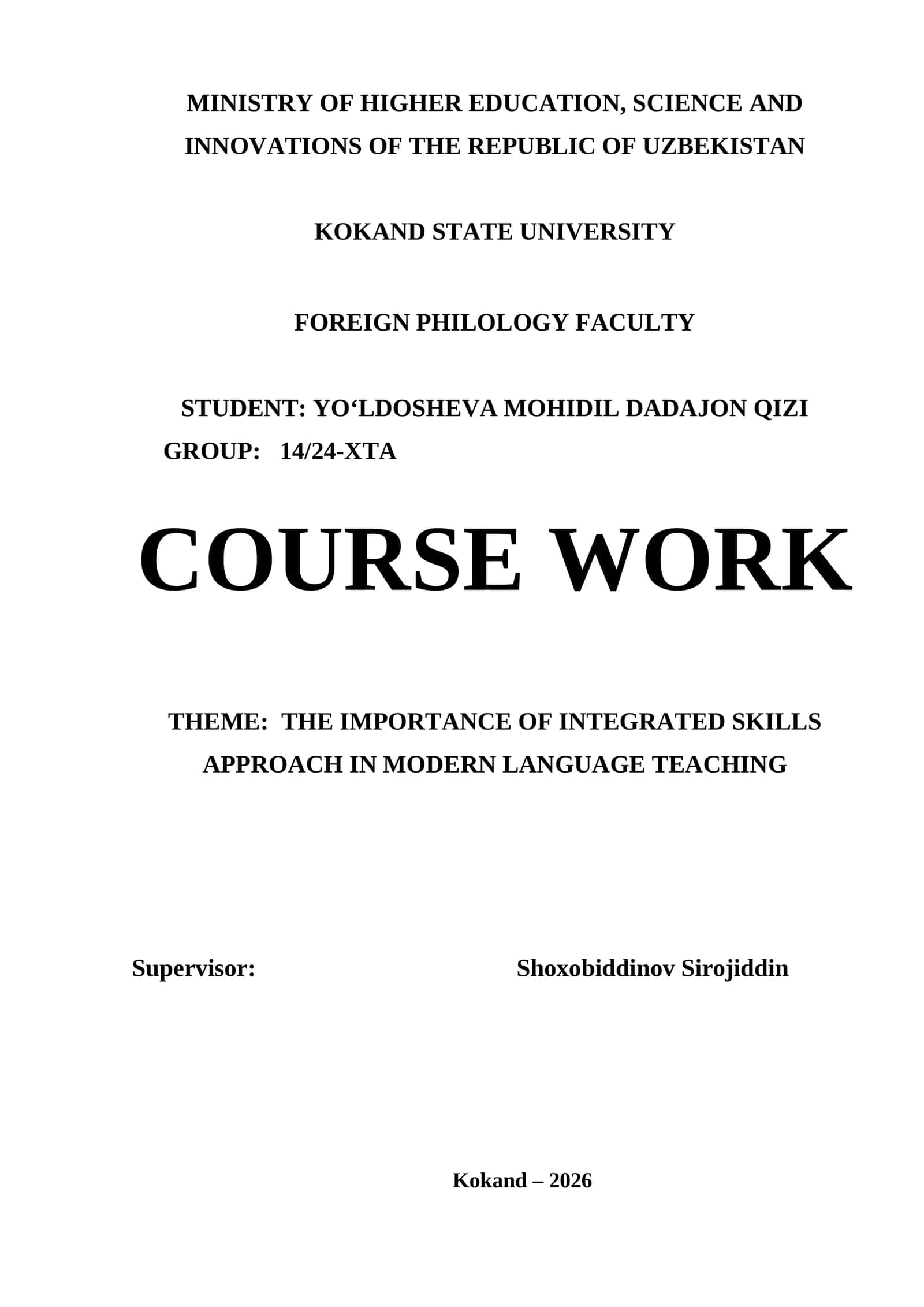 Course Work on Integrated Skills Approach in Modern Language Teaching