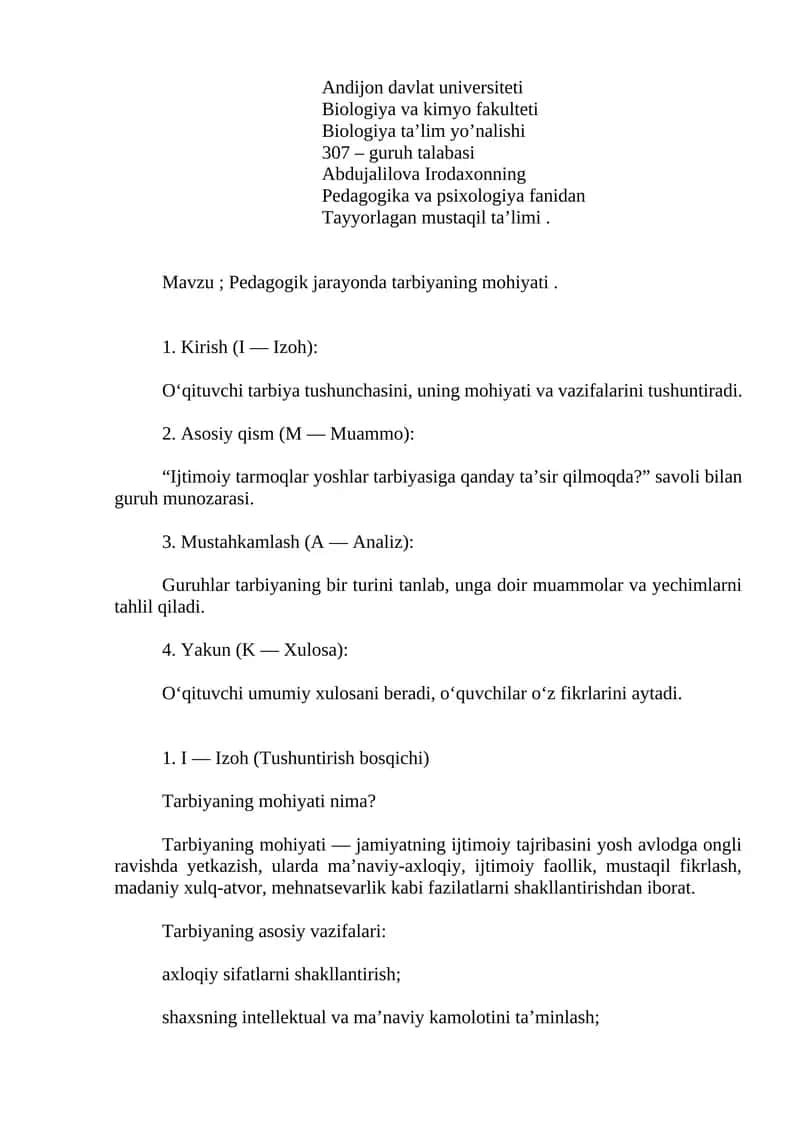 Pedagogik jarayonda tarbiyaning mohiyati