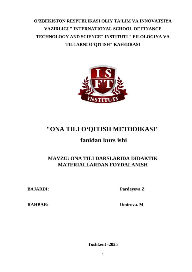 ONA TILI DARSLARIDA DIDAKTIK MATERIALLARDAN FOYDALANISH