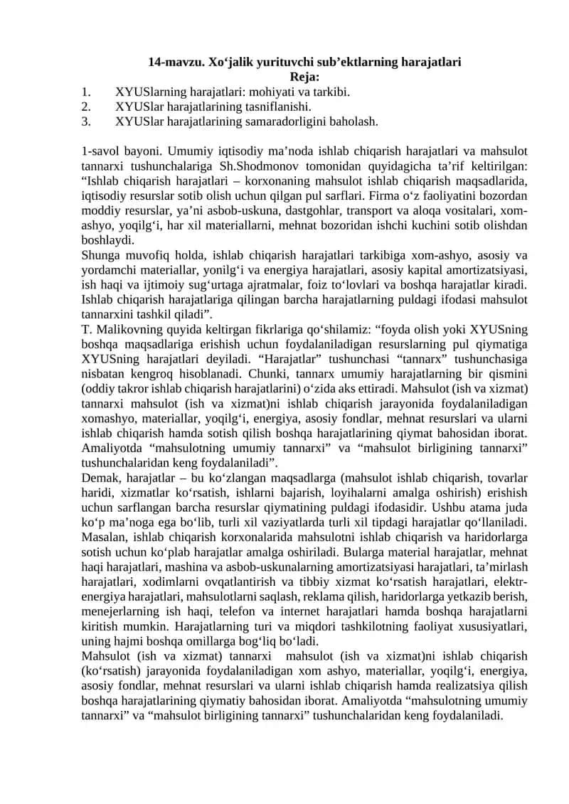XYUSlar harajatlari